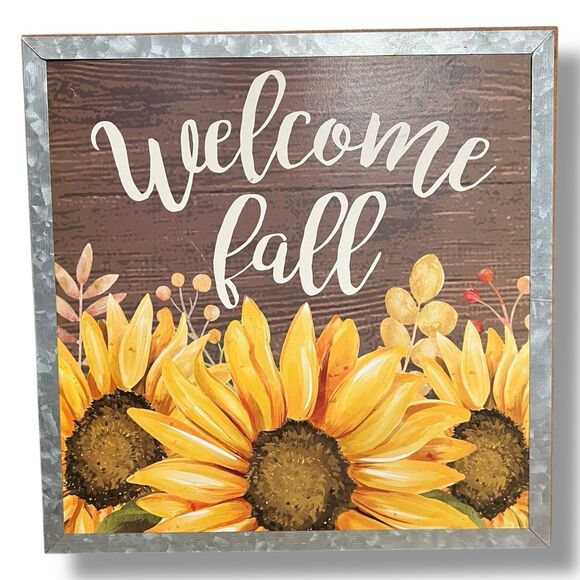 Welcome Fall Sunflower Hanging Sign 11x11 Galvanized Metal Trim Wood Sign Decor - Picture 5 of 9